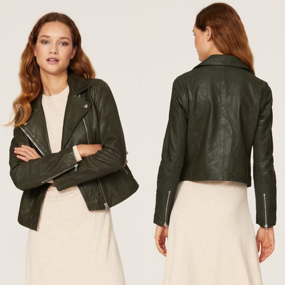 Madewell Washed Leather Motorcycle Jacket Dark Green Size XS Preowned